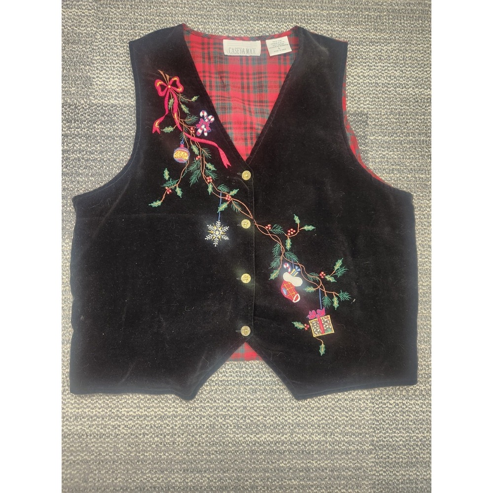 Vintage Casey & Max Velvet & Red Plaid Christmas Vest Embroidered Women's Large